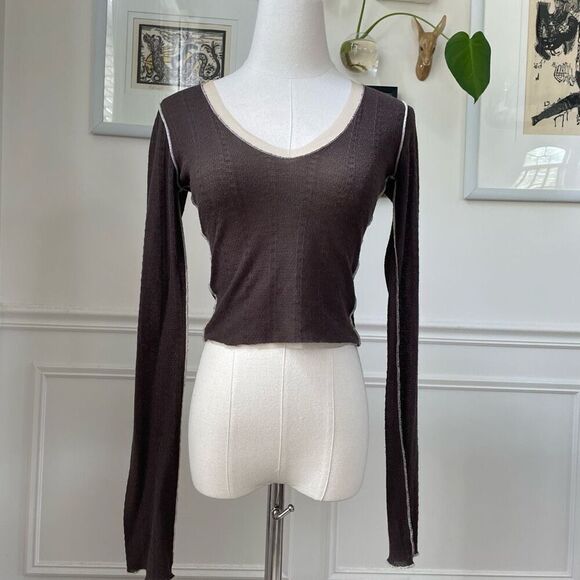 Pete Brown Stretchy Brown Cropped Vneck Beige Mesh Trim S - Picture 1 of 9